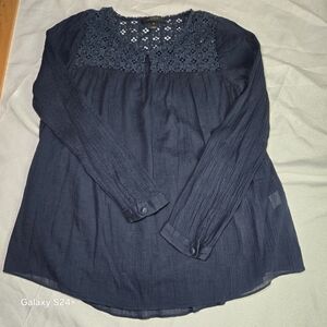 J. Crew Size 4 Navy Crochet Yoke Long-Sleeve Top